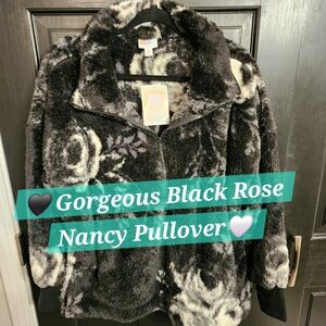 Lularoe Nancy Pullover Jacket Fleece Black Roses Floral Unicorn New Medium Large